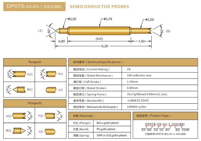 0.78mm雙頭探針，BGA測試針，華榮華BGA雙頭彈簧針廠家
